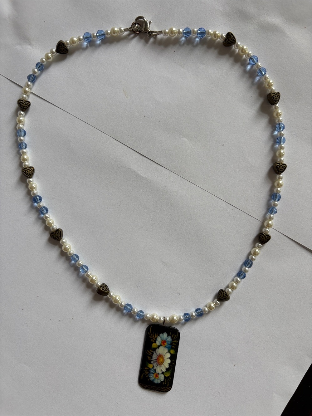 Blue and White Beaded Floral Pendant Necklace